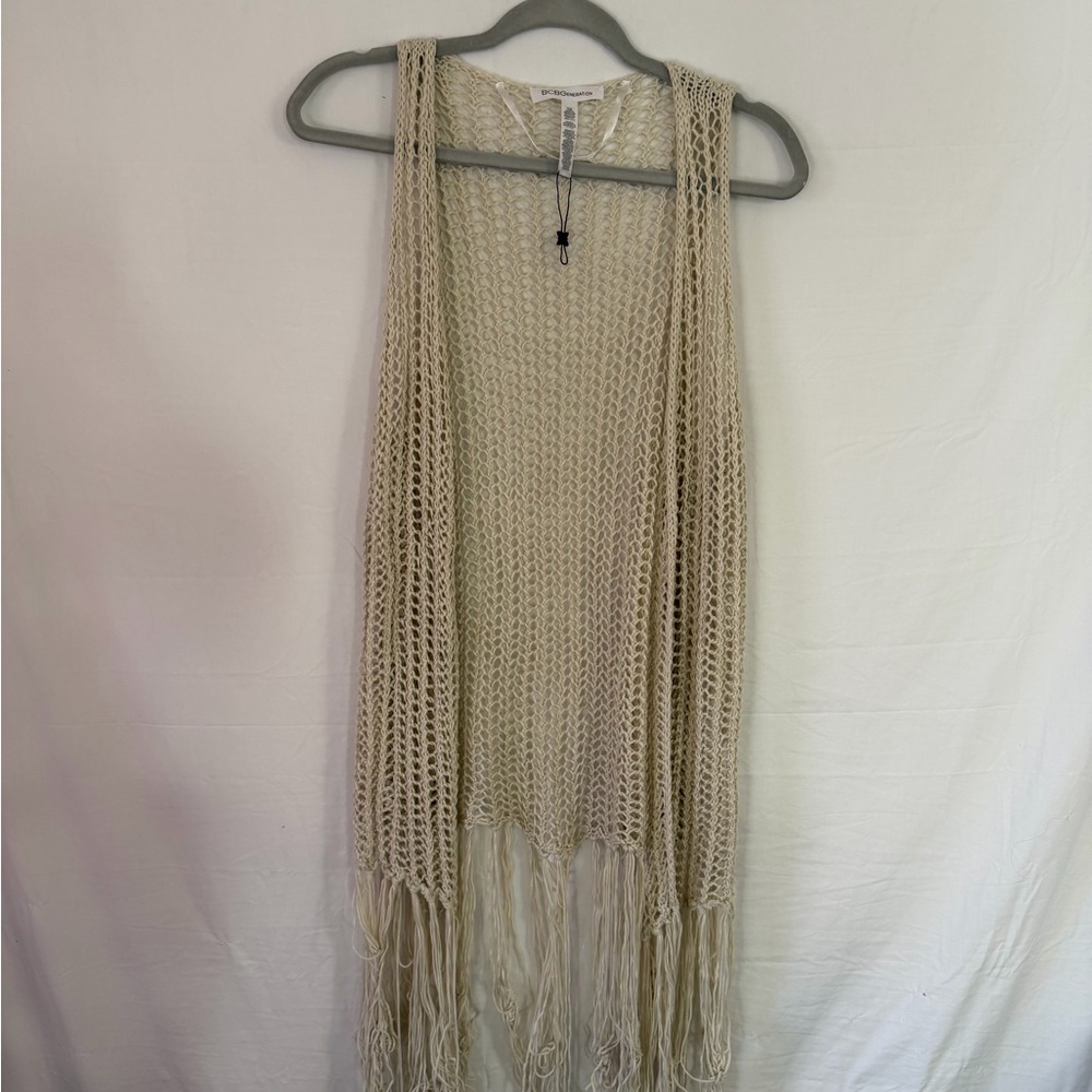 BCBGeneration Cream Knit Vest with Fringe BOHO